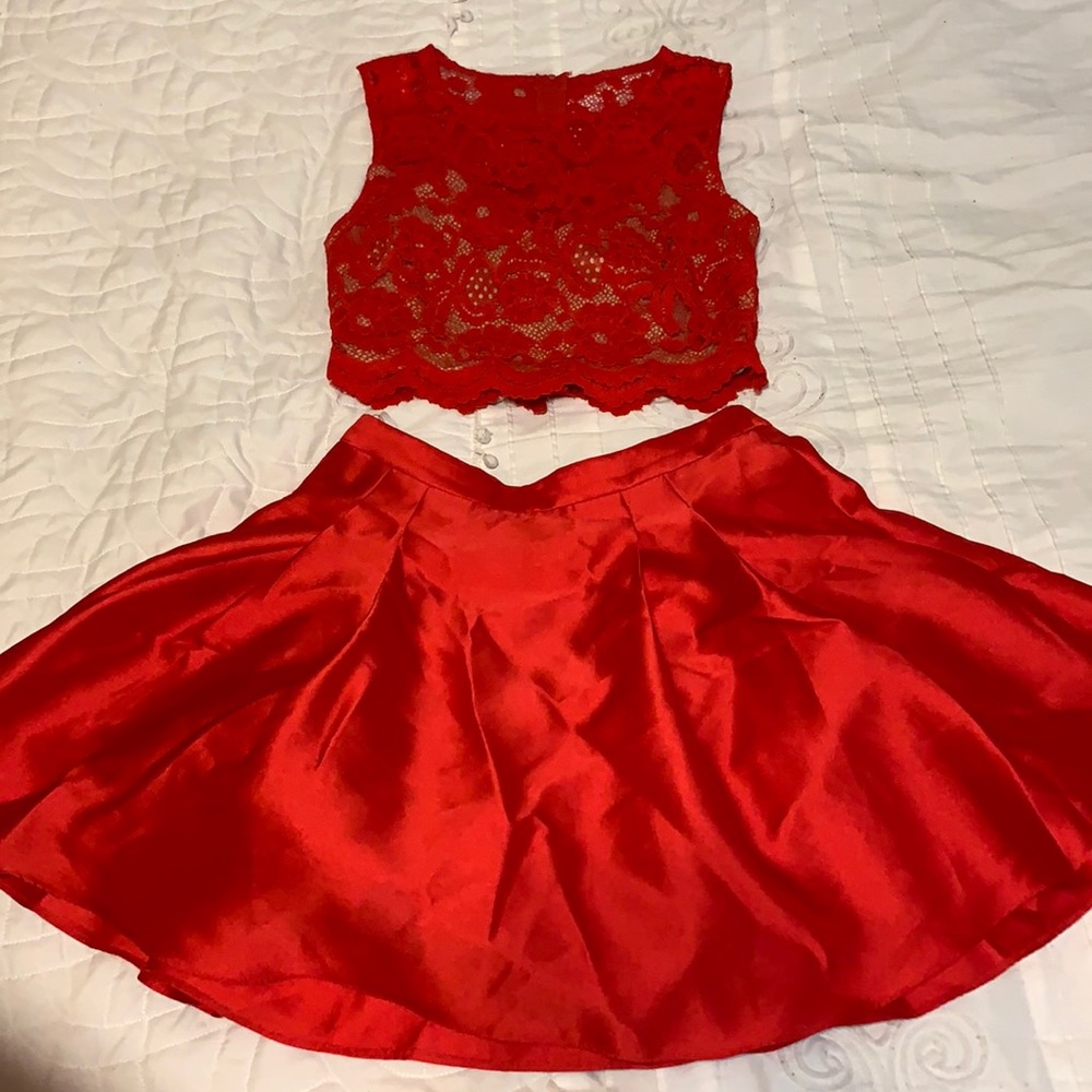 Red two piece skirt and top set